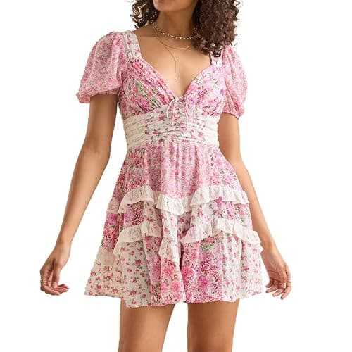 GUCURIN Women Floral Mini Dress Puff Sleeve V Neck Lace Patchwork Ruffle Tiered Backless Dress Senior Picture - Image 1