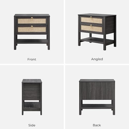 SICOTAS Night Stand Set of 2, Large Nightstand with Drawers and Storage Shelf - Rattan Boho Bedside Table Narrow Side Table for Bedroom, Small Space - Obsidian - 2 Pieces thumbnail 9