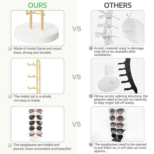 Mkono Sunglasses Organizer Glasses Holder Stand Sunglass Storage Eyeglasses Rack Metal Frame with Wood Base for 5 Pairs of Eyewear Display for Table Desk Countertop Dresser Bedroom, Set of 1, Gold thumbnail 7