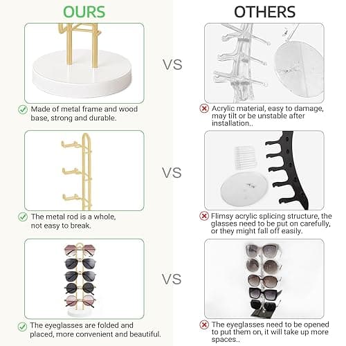 Mkono Sunglasses Organizer Glasses Holder Stand Sunglass Storage Eyeglasses Rack Metal Frame with Wood Base for 5 Pairs of Eyewear Display for Table Desk Countertop Dresser Bedroom, Set of 1, Gold - 1 - Gold thumbnail 5