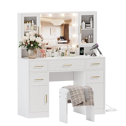 UGTOO Makeup Vanity Desk with Mirror and 10 Lights, 44.9" Makeup Table with Power Outlet, Large Vanity Desk with Storage Shelf & 5 Drawers, Dressing Table Set, 3 Lighting Modes Brightness Adjustable thumbnail 8