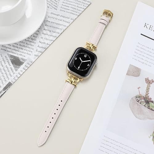 Leather Band Compatible with Apple Watch Bands for Women, Dressy Fancy Strap for iWatch Series 11/10/9/8/7/6/5/4/3/2/1/se(38mm 40mm 41mm 42mm,Starlight/Gold) thumbnail 2
