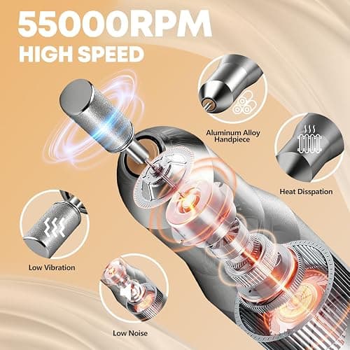 Professional Nail Drill Electric File, GEEZO 55000RPM Portable Cordless Nail Drill Machine with Bits, Rechargeable E File for Acrylic & Gel Nails, Manicure & Pedicure Tech Tool for Home Salon (White) thumbnail 3