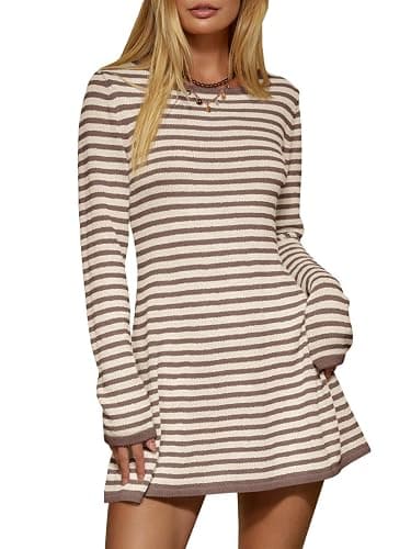Saodimallsu Womens Striped Pullover Sweater Crew Neck Fall Long Sleeve Trendy Casual Ribbed Knit Tunic Mini Dress - Image 1
