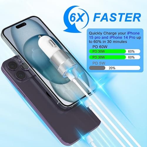 iPhone Car Charger Fast Charging, [Apple MFi Certified] 60W Dual USB-C Power Cigarette Lighter Car Charger+Type-C Cable&Lightning Cable for iPhone 16 15 14 13 12 Pro Plus XS XR iPad, Samsung, Carplay thumbnail 4