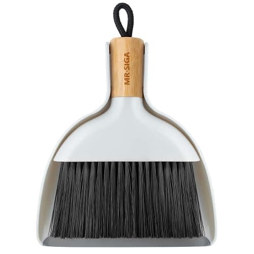 MR.SIGA Mini Dustpan and Brush Set, Bamboo Handle, White, 1 Set | Portable cleaning brush and dustpan combo, handheld brush and dustpan combo with hanging loop - Image 1