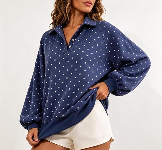 Women Oversized Polka Dot Sweatshirts Long Sleeve Quarter Button Pullover | Henley Neck Snap Button Up Pullover Tops, Raglan Sleeve Y2k Teens Girls Fall Outfits Preppy Cute Clothes thumbnail 2