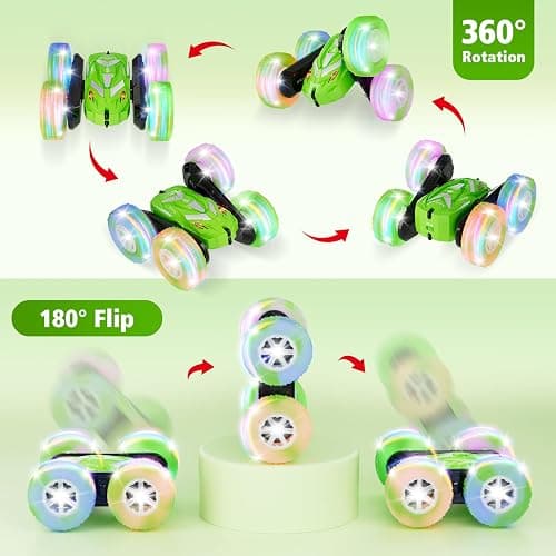 Amicool Remote Control Car for Boy 6-12 with Flashing Light, 6 7 8 9 Years Old Boy Toys, Race RC Cars Stunt Drift 4WD 2.4Ghz Double Sided 360° Flip, Boys Gift Idea for Kids Birthday Christmas, Green thumbnail 3