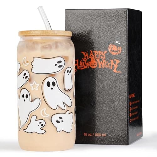 KMCCUMBER Halloween Ghost Fall Glass Cup with Lid Straw Gifts for Women | 16oz Ghost Fall Mug, Iced Coffee Glass Tumbler, Goth Teens girls Basket Stuffer for Halloween thumbnail 4
