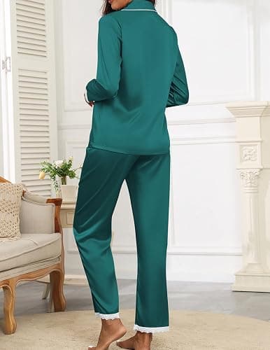 Ekouaer Satin Pajamas for Women Silk Long Sleeve Sleepwear Button Down Loungewear 2 Pieces Lace Soft Pjs Set thumbnail 2