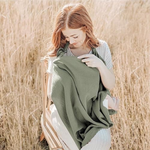 Konssy Muslin Nursing Cover for Baby Breastfeeding, Breathable 100% Cotton Breastfeeding Cover with Rigid Hoop for Mother Nursing Apron, Multi-use Carseat Canopy (Fog Green) thumbnail 7