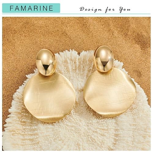 FAMARINE Big Disc Drop Earrings Gold Dangle Earrings Round Hammered Earrings Women thumbnail 4