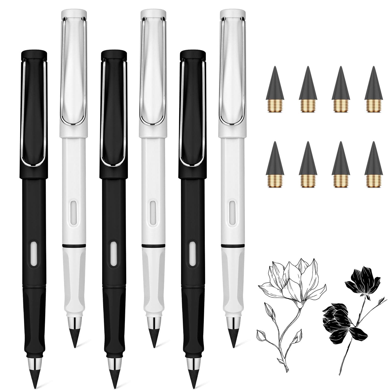Ainiv 6pcs Ink Free Magic Pencils for Eternal Pens with Replaceable Nib, Endless Reusable Pen for Writing Drawing with Extra 8 Interchangeable Tips, School Supplies for Home Office - Image 1