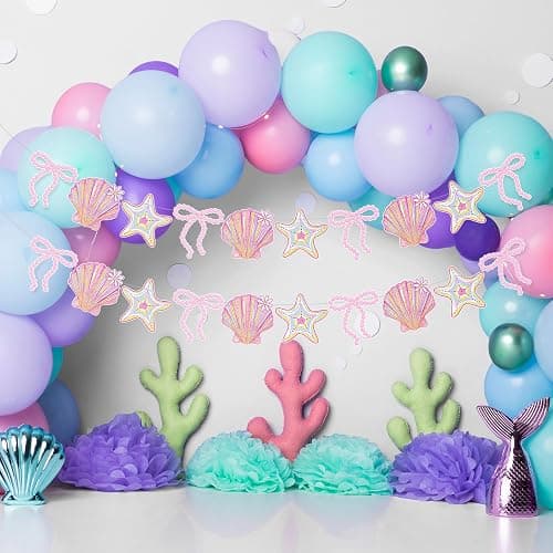 Oudain 2 Pack Pink Bow Seashell Garland for Girl 6.56 ft Pink Mermaid Seashell Party Coquette Ocean Coastal Beach Under The Sea Paper Bow Hanging Banner for Baby Shower Wedding Summer Birthday thumbnail 5