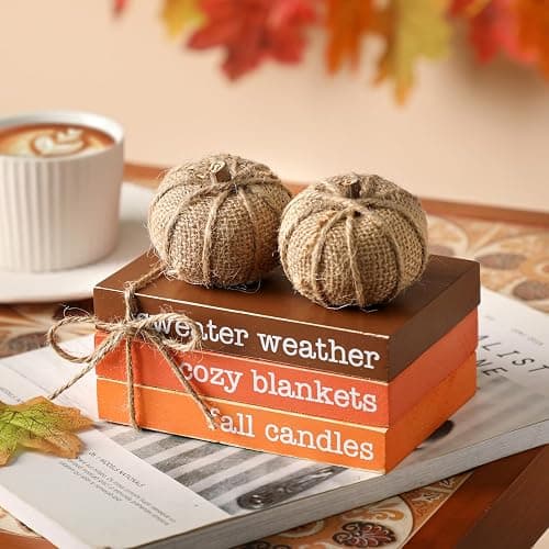 Fall Tiered Tray Decor, Wood Book Stack with Maple Leaves & Pumpkins | Farmhouse Mini Decorative Books Bundle, Fall Decor for Table, Thandkgiving Wood Table decor thumbnail 2