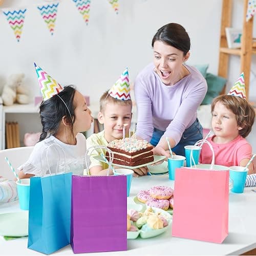 Cooraby 20 Pieces Kraft Paper Bags Party Favor Bags Craft Gift Bag with Handle for Birthday, Baby Shower, Wedding (light blue, light purple, pink) thumbnail 5