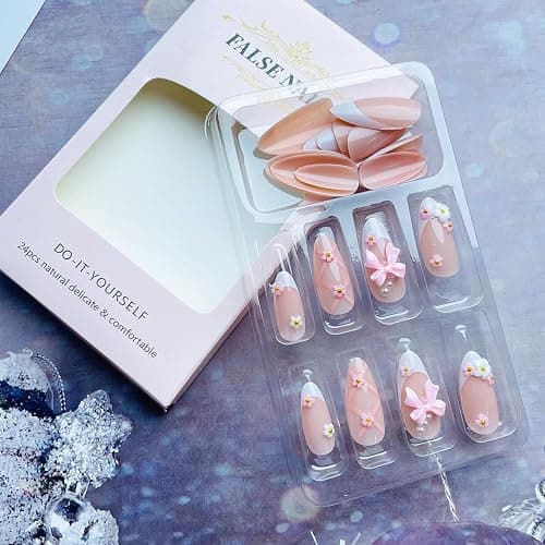 NEWSPIED French Press on Nails Medium Almond Fake Nails with 3D Flower Pink Bow Nails Design Glossy False Nails Valentines Cute Acrylic Nails White French Tip Glue on Nails for Women 24Pcs thumbnail 3