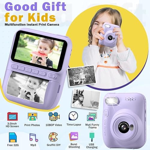 Kids Camera Instant Print, Holiday Birthday Easter Gifts for Girls and Boys 5-7,Video Digital Kid Photo Camera with 3 Rolls Print Paper, Toddler Toys for 3-12 Years Old (Purple) thumbnail 2