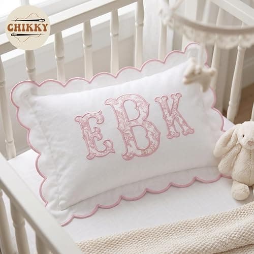 Chikky Personalized Embroidered Pillowcase - Custom Monogrammed Pillow Cover with Scalloped Edge, Ruffle Trim for Nursery Decor, New Home, Housewarming - New Mom, Toddler, Baby Gift Ideas, 02 thumbnail 5