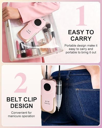 Professional Nail Drill Kit 35000RPM Clip-On Portable Cordless Rechargeable Adjustable Speed with LCD Display and 14 Bits for Acrylic Gel Manicure Pedicure Suitable for Salon Home and DIY Nail thumbnail 4