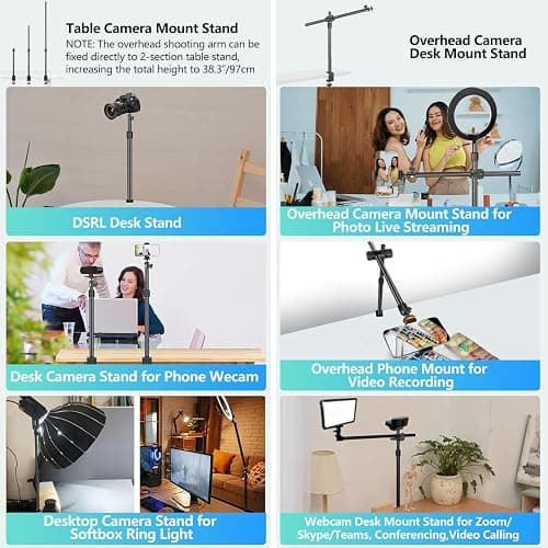Camera Desk Mount Webcam Stand with Overhead Articulating Magic Boom Arm 1/4" Ball Head for DSLR Tripod, Adjustable Light Stand, Tabletop C Clamp for Ring Light Photo Video Shooting Live Streaming thumbnail 2