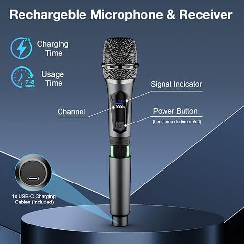 Wireless Microphone,Professional Dual Handheld Cordless Dynamic Mic System with Rechargeable Receiver,Karaoke Microphone Set for Singing, Karaoke, Wedding, DJ, Party, Speech,Church,Class Use,PA System thumbnail 7