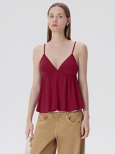 SUUKSESS Women V Neck Babydoll Tank Tops with Built in Bra Summer Cute Peplum Cami Going Out Tops thumbnail 4
