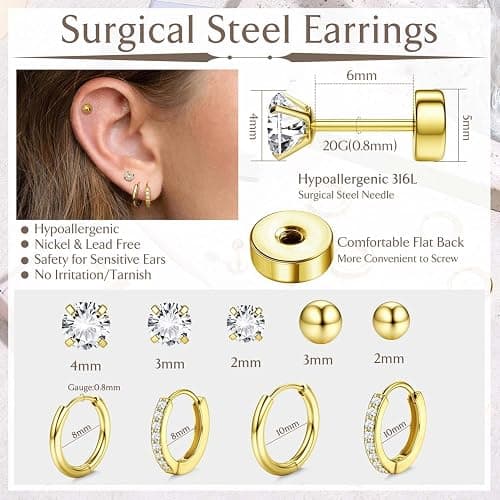 Jstyle 9 Pairs Earrings Sets for Multiple Piercing Hypoallergenic 14K Gold Plated Small Huggie Hoop Earrings for Women Tiny Ball CZ Gold Flat Back Stud Earrings for Women Lobe Helix Cartilage Earrings - Gold Tone thumbnail 5