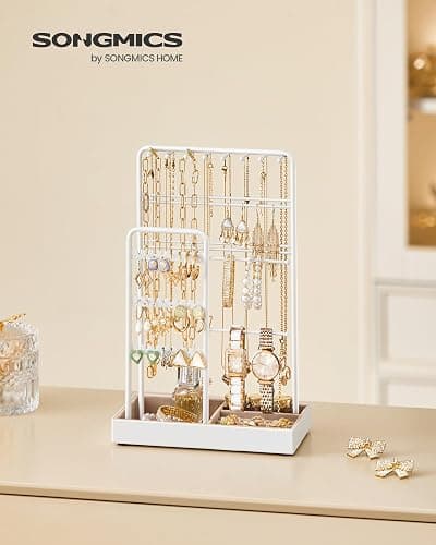 SONGMICS Jewellery Stand, Jewellery Organiser, Jewellery Display Stand with Metal Frame and Velvet Tray, Earring Bracelet Holder, Necklace Stand, for Studs, Rings, Gift Idea, White JJS021W01 thumbnail 2