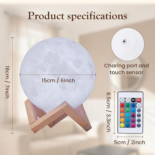Lampe Lune 3D EXTSUD Veilleuse LED 15CM Dimmable 16 Couleurs avec Télécommande et Interrupteur Tactile USB Rechargeable Lampe de Nuit pour Chambre Salon Café Cadeau Anniversaire Noël thumbnail 3