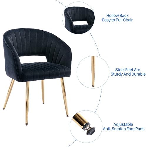 Home Office Chair Velvet Desk Chair Accent Armchair Upholstered Modern Tufted Chairs with Gold Legs for Girls Women Ergonomic Study Seat Computer Task Stools for Living Room(Black) thumbnail 7
