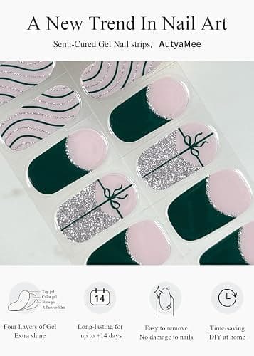 AutyaMee Semi Cured Gel Nail Strips (Green French), Christmas Silver Glitter, Bow, 20 Pcs Gel Nail Wraps, Stickers, Salon Quality, Works with Any UV Lamps thumbnail 4