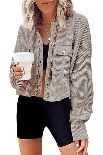 Panadila Women's Cropped Waffle Knit Shacket Short Button Down Jacket Batwing Sleeve Shirts with Pocket thumbnail 2