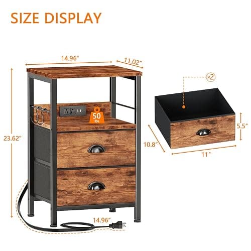 Furologee End Table with Charging Station, Nightstand with Fabric Drawers, Side Table with USB Ports & Outlets, Night Stand with Storage Shelf & Hooks, for Living Room/Bedroom, Rustic Brown thumbnail 3