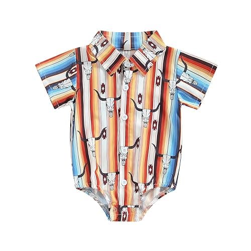 Karuedoo Western Baby Boy Clothes Cow Print Shirt Romper Infant Short Sleeve Button Down Bodysuit One Piece Gentleman Outfit - Short Sleeve Striped - 0-6 Months