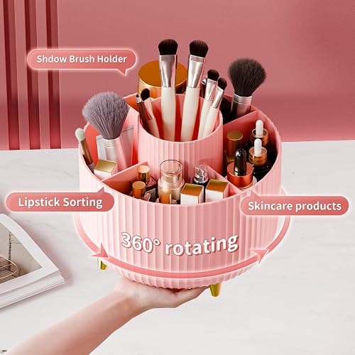 360° Rotate Makeup Brush Holder Organizer, Makeup Organizers Countertop, Makeup organization and Skincare Storage for Vanity, Desktop, Bathroom (Pink) thumbnail 4