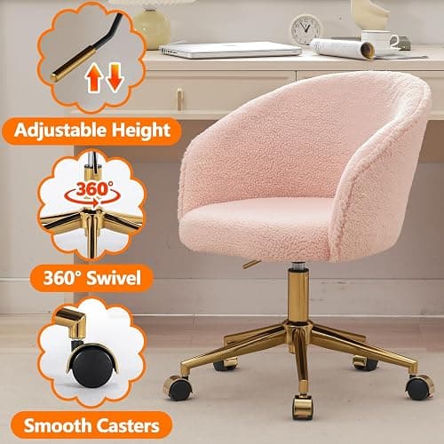 Nahenduo Cute Vanity Chair with Back, Teddy Velvet Desk Chair with Wheels and Gold Legs, Modern Makeup Chairs for Vanity Bedroom Office, Adjustable High 360 Swivel (Pink) thumbnail 6