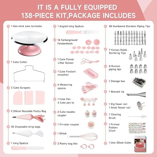 Aluminum Cake Decorating Kit, Baking Supplies Tools for Beginners & Pros | Complete Kit, Smooth Rotating,Cake Stand Turntable for Decorating & Display, 64 Icing Tips, Piping Bags, 2 Spatulas thumbnail 7