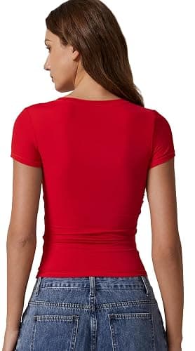 QINSEN Short Sleeve Shirts for Women Round Neck Basic Double Lined Tees Fitted Y2k Crop Tops thumbnail 2