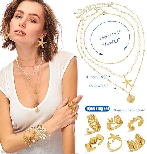 Vieyomn 32 Pcs Starfish Seashell Jewelry Set for Women Layer Necklace Bracelets Stackable Shell Starfish Rings Stud Earrings Pearl Beach Vacation Accessories thumbnail 2