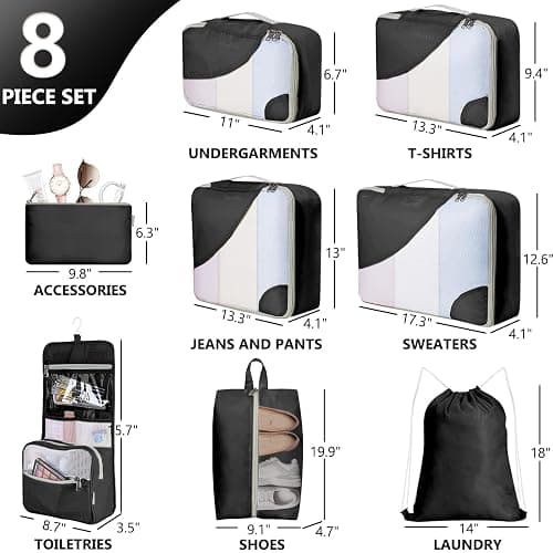 8 Set Packing Cubes for Travel, Gifts for Men,Anti-Tearing Suitcase Organizer for Luggage with Shoe & Hanging Toiletry Bag, OlarHike Vacation Accessories for Cruise, Travel Essentials for Men, Black thumbnail 2