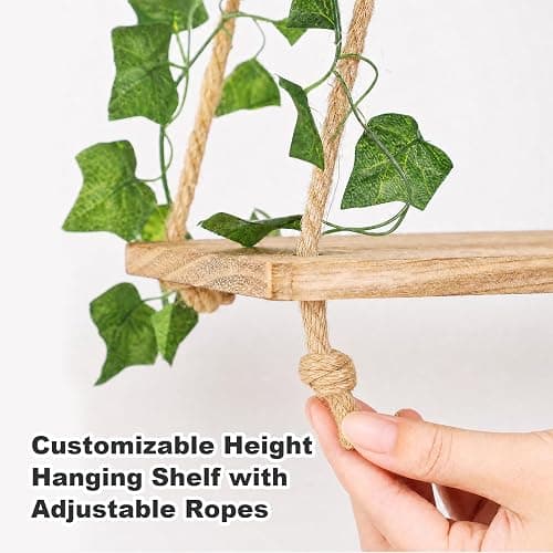 RICHER HOUSE Macrame Floating Shelves for Wall No Drilling, Boho Hanging Shelf with Artificial Ivy and LED Lights, Plant Wall Decor for Living Room Bedroom Dorm thumbnail 6