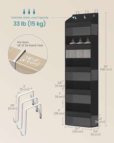 SONGMICS Over-the-Door Organizer, 5-Tier Door Hanging Storage Shelf, Heavy-Duty Closet Hanging Organizer Foldable, Transparent, Pockets, Metal Hooks, Ink Black URDH010BH01 thumbnail 4