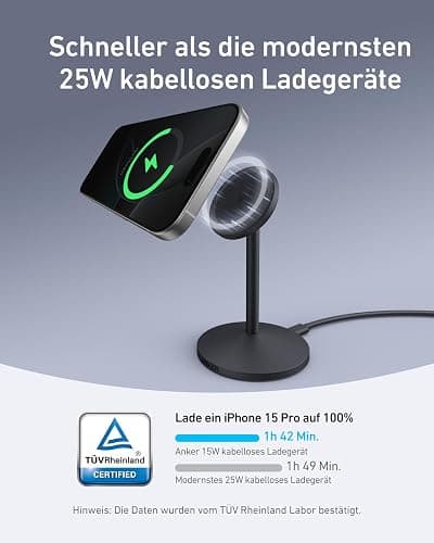 Anker MagGo kabellose Ladestation, 15W Qi2 für MagSafe, Ständer mit USB-C Kabel, Magnetisches Ladegerät für iPhone 17/16/15/14, AirPods (ohne Netzteil) thumbnail 3