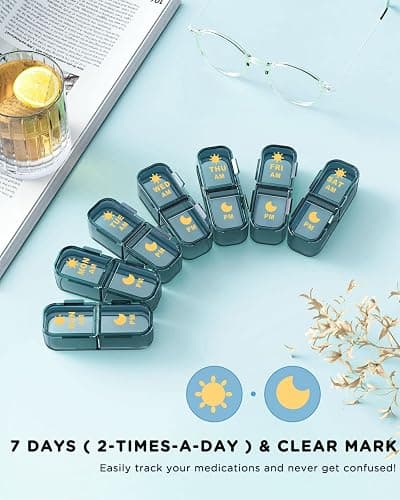 Am Pm Pill Organizer, Weekly Pill Box 2 Times A Day - Acedada 7 Day Pill Organizer with 7 Separate Containers, Portable Daily Medicine Dispenser Case for Vitamin, Fish Oils, Supplements, Stylish Blue thumbnail 3
