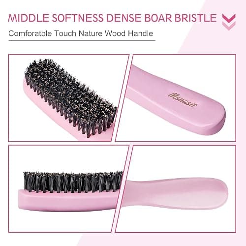 Slick Back Hair Brush, Pink Wood Handle Boar Bristles Smoothing Hairbrush, Anti-Frizz Edge Control Hair Brush for Women and Men thumbnail 3