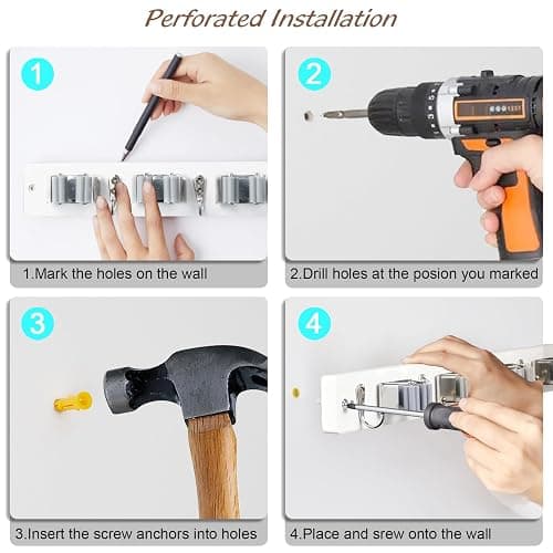 OUTNILI Mop and Broom Holder Wall Mount - White Broom Mop Hanger - Wall Mounted Garden Tool Rack Organizer for Closet Garage Laundry Room Kitchen Decor With 5 Slots & 4 Hooks thumbnail 7