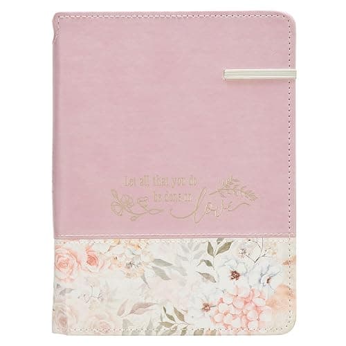 Christian Art Gifts Classic Journal w/Pen Holder & Elastic Closure, Done in Love - 1 Corinthians 16:14 Bible Verse, Inspirational Scripture Notebook w/Ribbon Marker, 336 Lined Pages, Pink Florals - Image 1