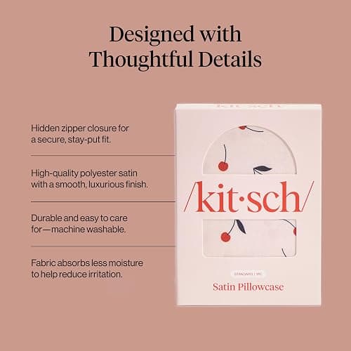 Kitsch Satin Pillowcase, Softer Than Silk Pillow Cases Queen, Cooling Pillow Covers, Satin Pillowcase w/Zipper for Hair, Skin & Quality Sleep, Wrinkle-Free & Smooth, Queen Size 19"x26", Cherry Print thumbnail 4