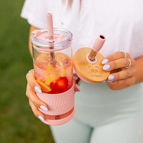 Pandaloo® Glass Cups With Lids and Straws -20 Fl Oz- Perfect Size Iced Coffee Cup - Smoothie Cup With Bamboo Lid and On the go Lid - Glass Tumbler With Straw (1 Count (Pack of 1), Tender Pink) thumbnail 7
